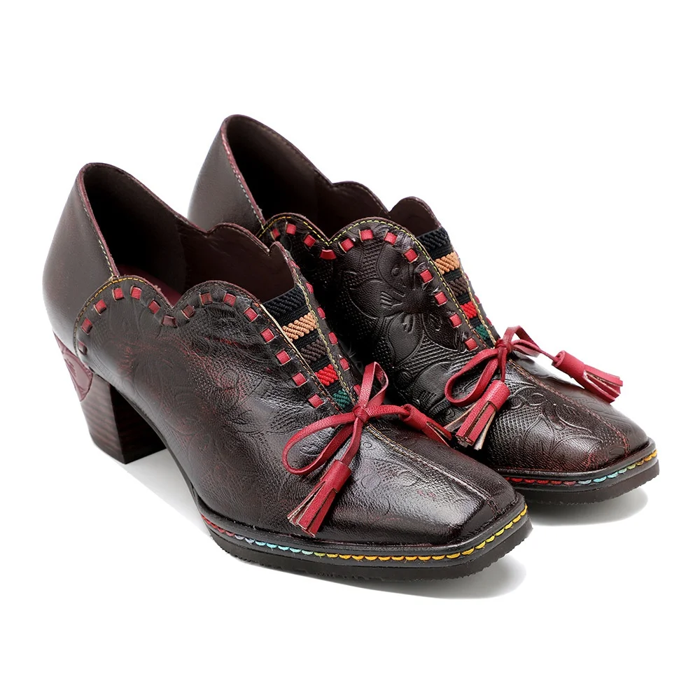 

Spring retro court style thick heels new spot leather bowknot fringed high heels shoes