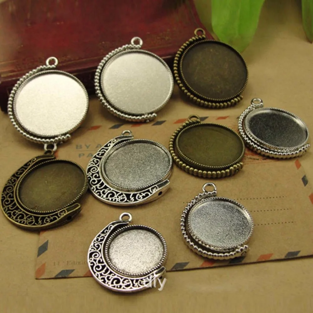 REGELIN 10pcs 18/20/25/30mm Inner Size Rotation Double Side Rhodium/Bronze color Cameo Cabochon Base Setting Charms Pendant