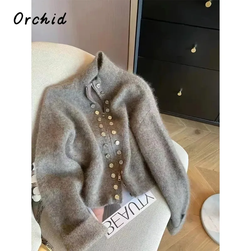 

2024 Winter Women's Grey Cardigan Sweater Harajuku Korean Y2k Long Sleeves Cashmere Sweaters Jumper Vintage 2000s Clothes