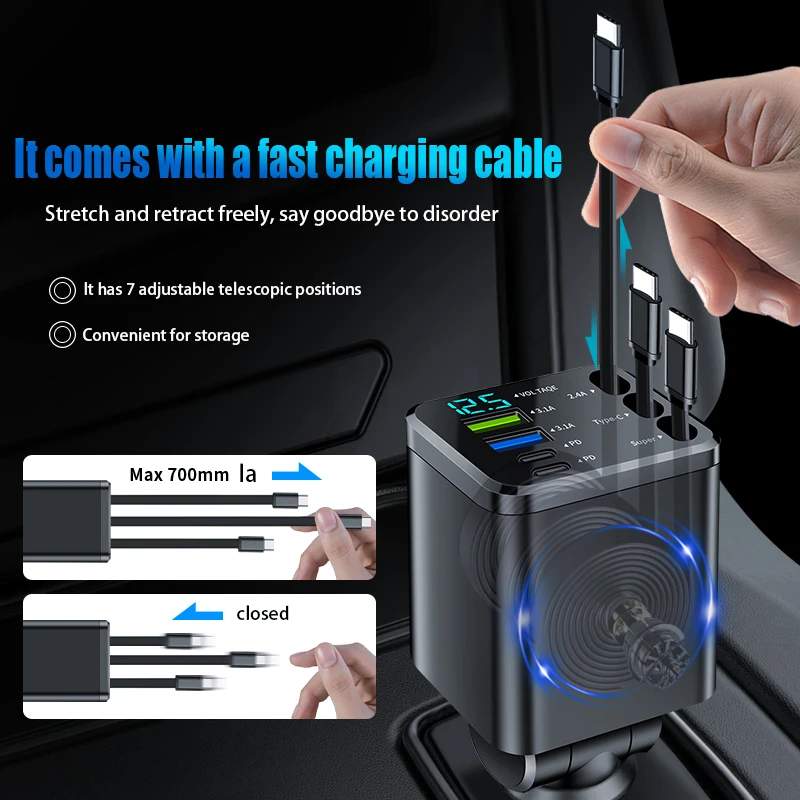 7-IN-1 Retractable Car Charger USB C Cable For IPhone Huawei Samsung Fast Charge Cigarette Lighter Adapter Type C USB Charger