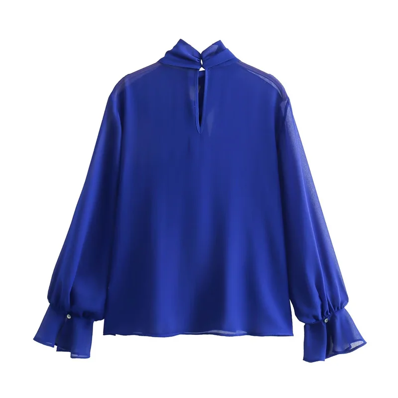 KEYANKETIAN New Launch Women\'s Tie Decoration Royal Blue Shirt Elegant Office Lady Petal Sleeve Chiffon Blouse Pullover Chemise