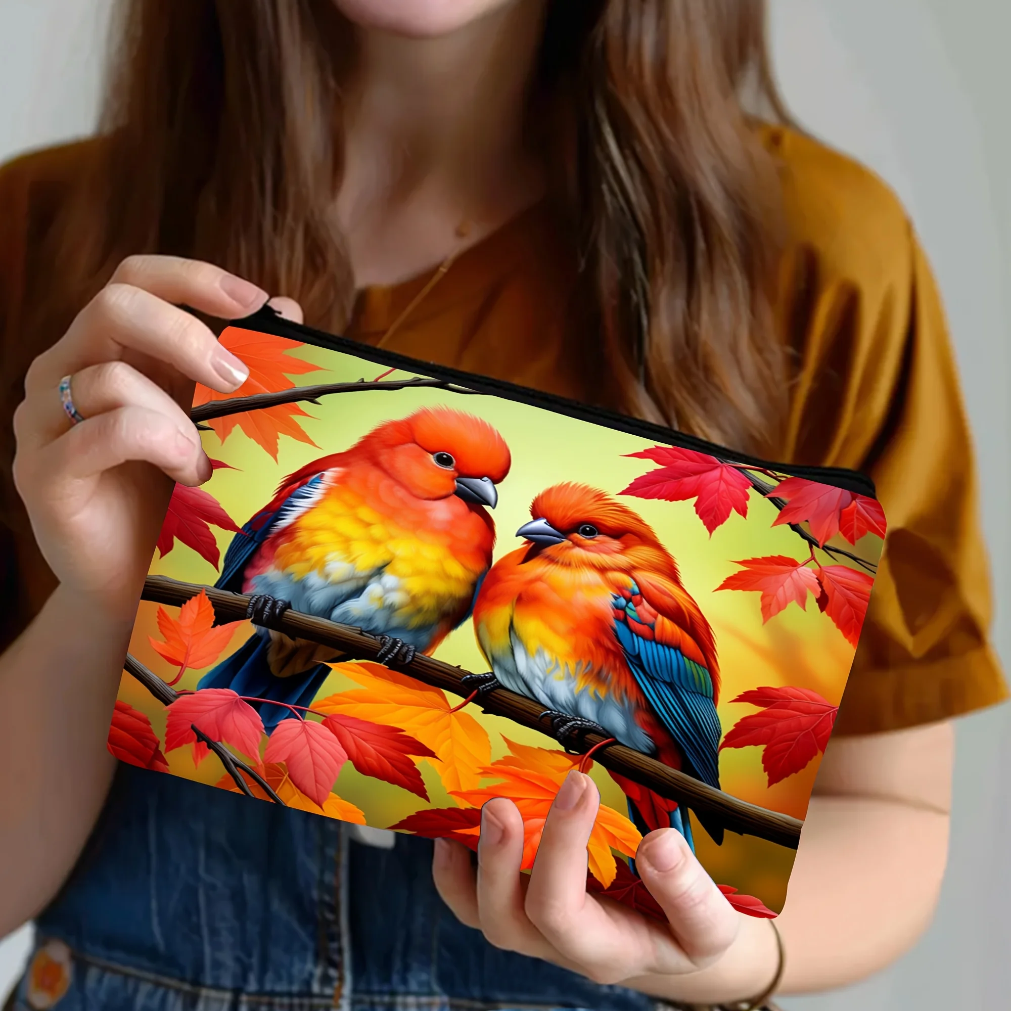 Organizer na kosmetyki i akcesoria podróżne z motywem kwiatowym akwarelowym i ptakami w stylu tukanów, kosmetyczka na zamek błyskawiczny, uniwersalne torby do przechowywania.