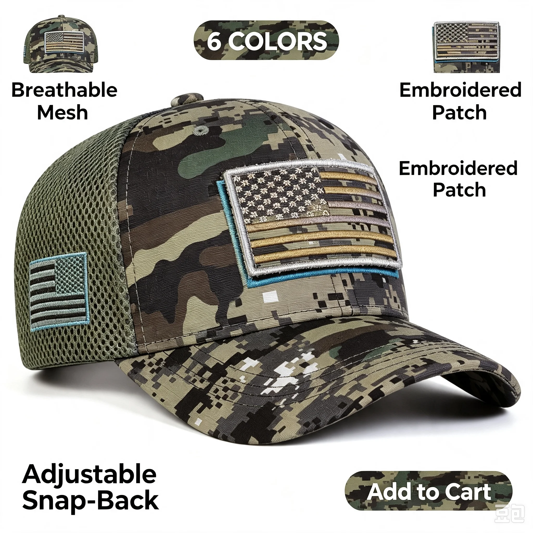 Men’s Tactical Mesh Trucker Hat, Camouflage Outdoor Baseball Cap with Removable Embroidered Patch, Adjustable Snap‑Back Sun Hat