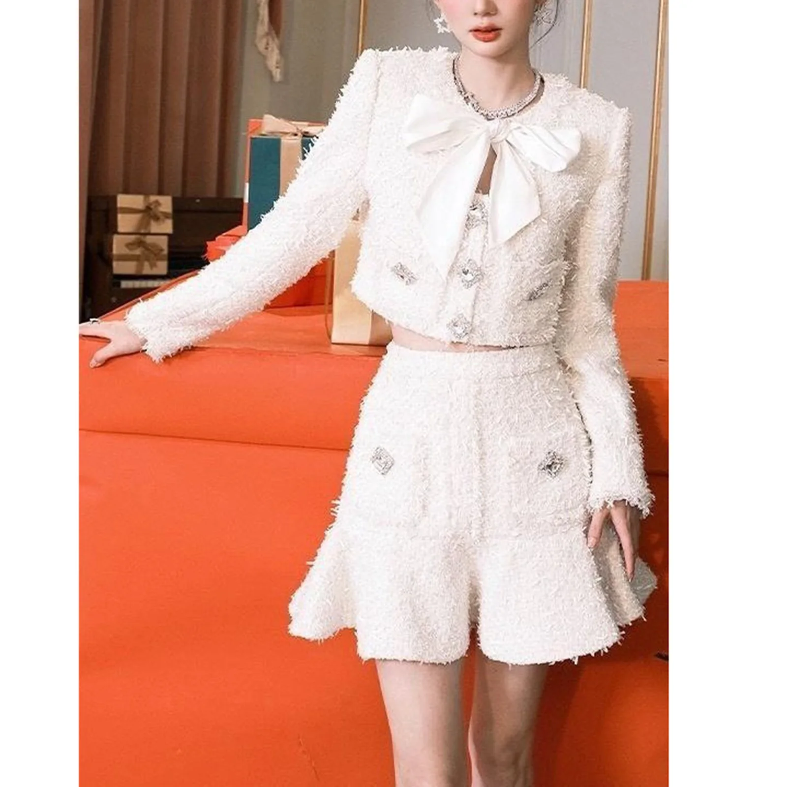 Luxury Elegant Small Fragrant Set Women\'s Coarse Tweed Two Piece Bow Round Neck Long sleeved Short Coat+Ruffle Edge Skirt Suit