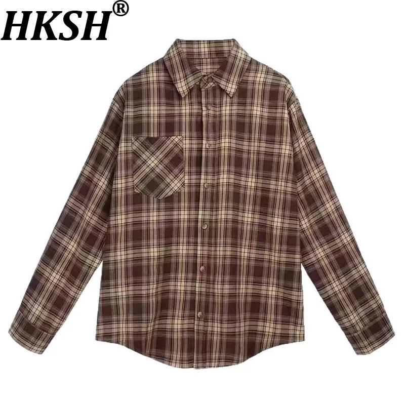 HKSH 春秋の新女性男性シャツチェック柄長袖シングルブレストポケットターンダウンカラー多用途レトロブラウス HK16976
