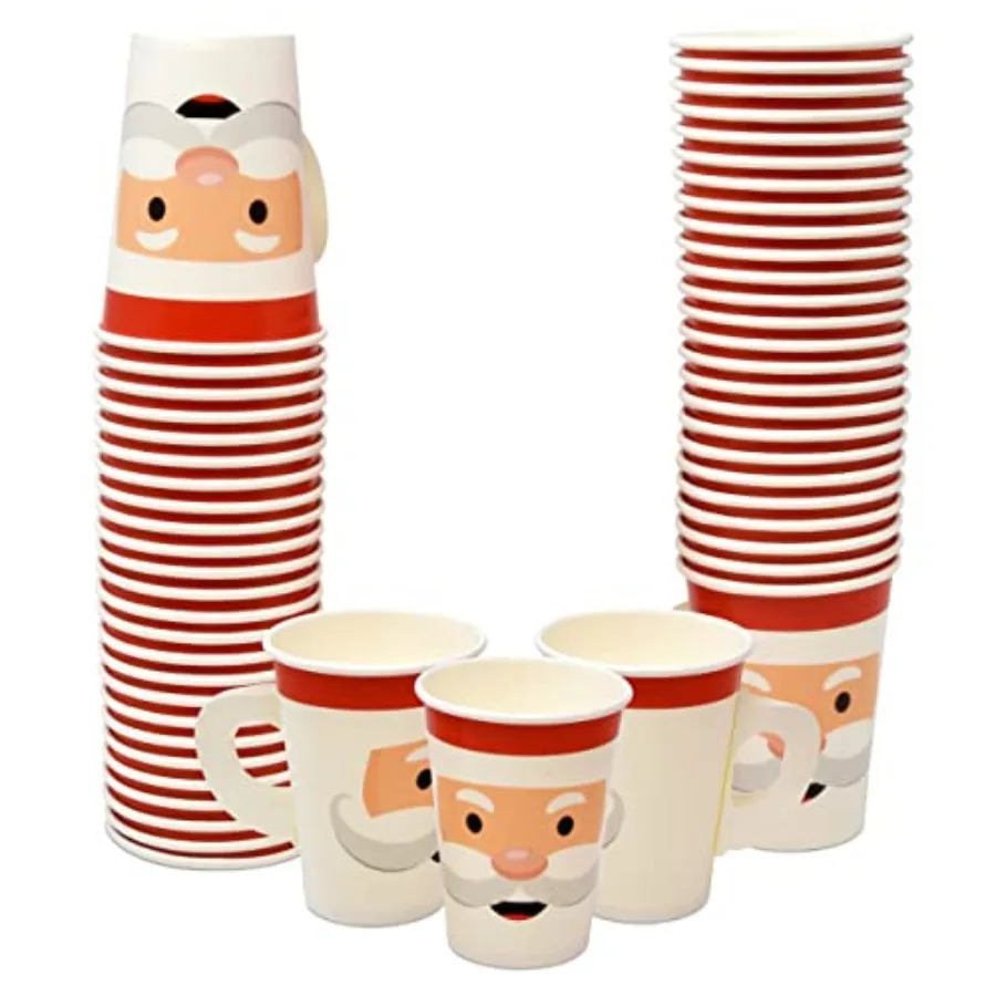 50 Pc Christmas Disposable Paper Cups with Handles 9oz Santa Face Beverage Drinking Cup for Winter Xmas Festive Holiday Table P