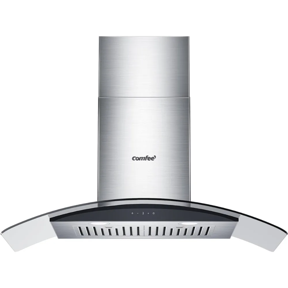 Comfee Curved Glass Range Hood 36 Inch 450 CFM 3 Speed Gesture Sensing &Touch Control Panel Stainless Steel Kitchen