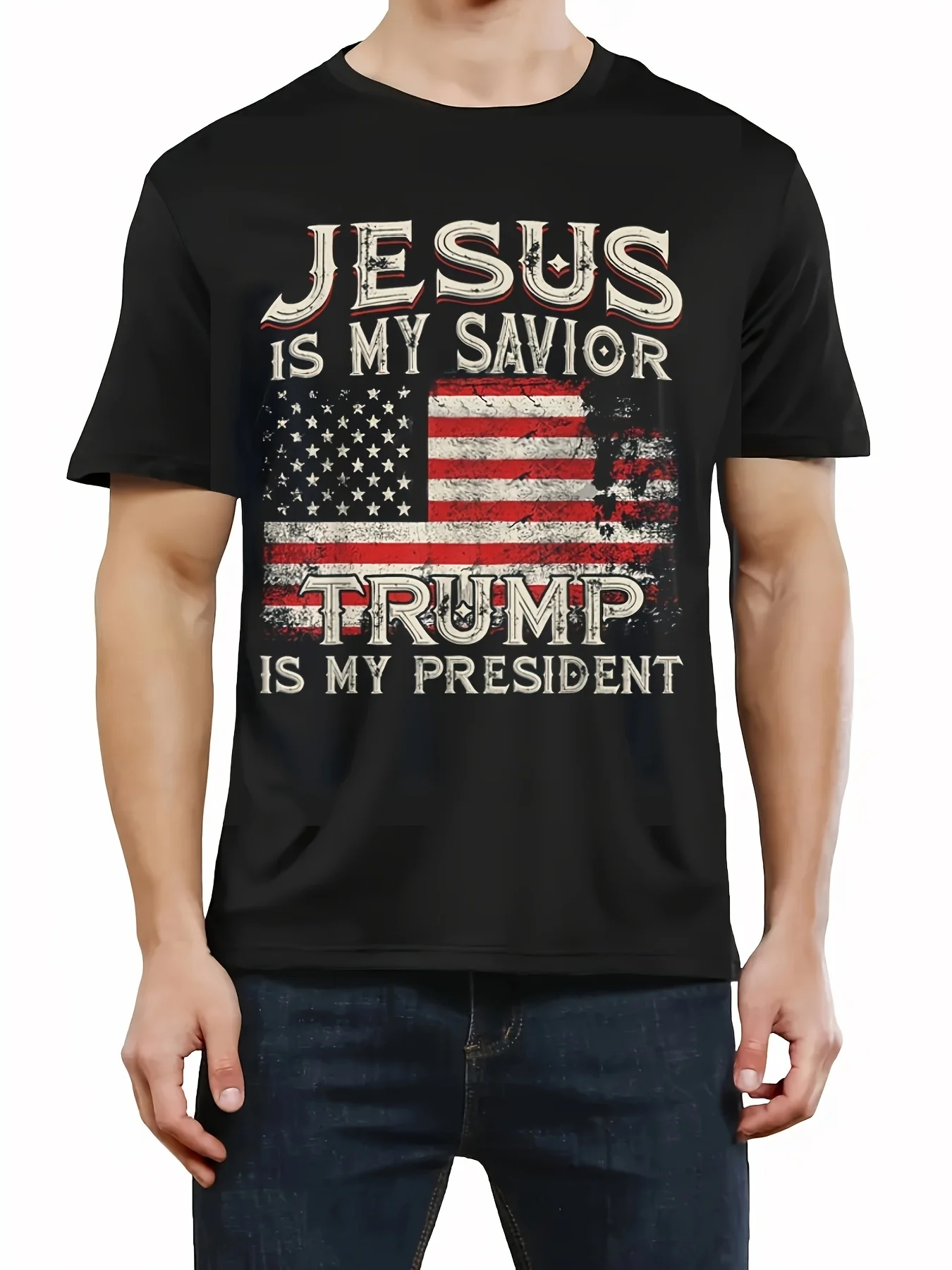 

Men'S Black T-Shirt with "Jesus is My Savior, Trump is My President" Graphic - American Flag Design, Lightweight & Stretchy