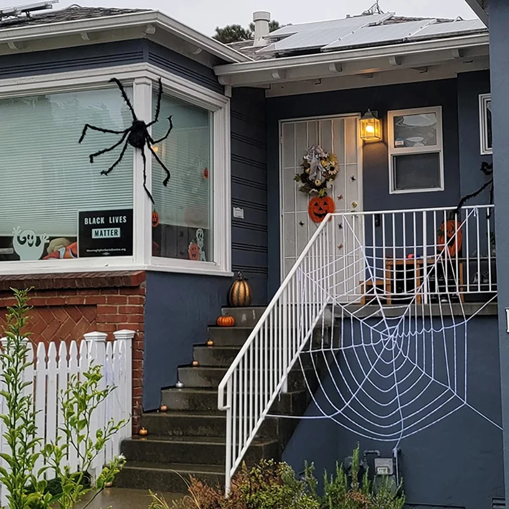 Halloween-Riesenspinnennetz, großes schwarz-weißes gruseliges Spinnennetz für die Heimdekoration im Freien – Detail 4