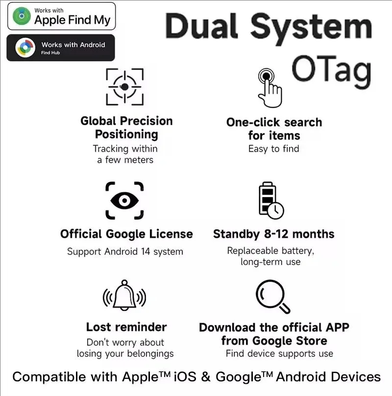 New Dual System Tracker for iOS or Android Bluetooth Tracking Tag Item Locator work with iOS Find My or Google Find Hub App