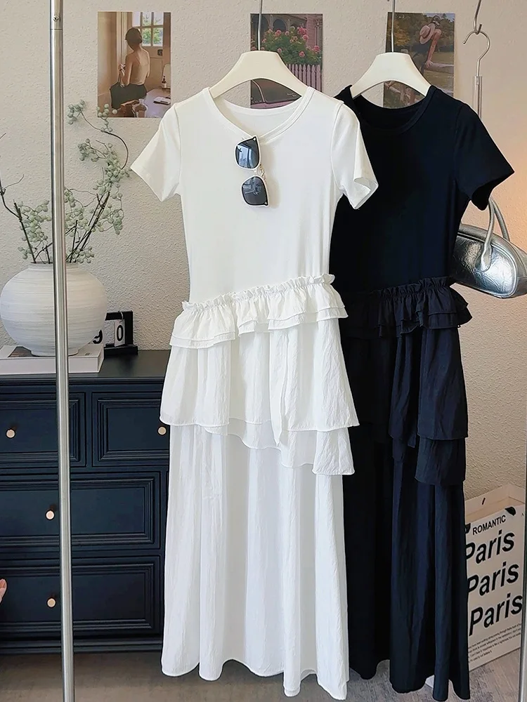 

Korean Style Simple Long Dress Women Summer New O-neck Short Sleeves Irregular Ruffles Cake Dresses Fashion Niche Female Vestido