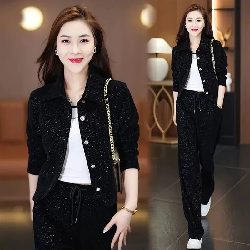 Leisure Fashion Sports Set For Women Spring Autumn Short Jacket Coat + High Waist Wide Leg Pants Two Piece Suit Female Outfits