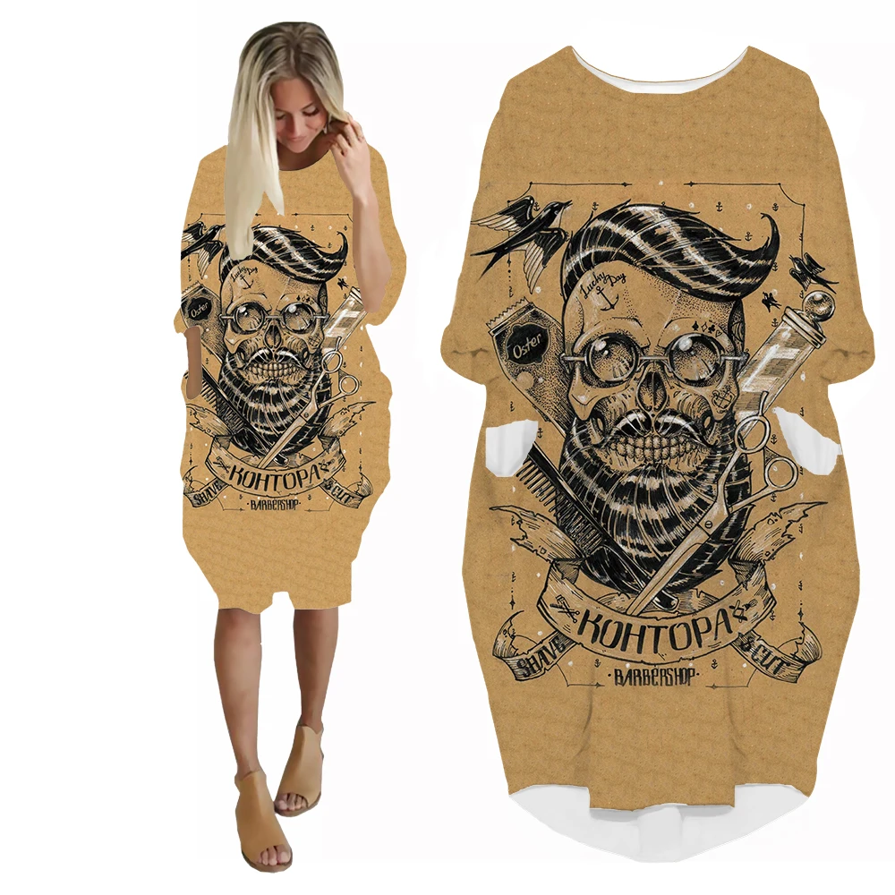 SONSPEE Novelty Barber Shop Skull Graphic 3D Print Women's Dress Lady Fashion Cosplay Cut And Shave Harajuku Manga Pocket Skirt