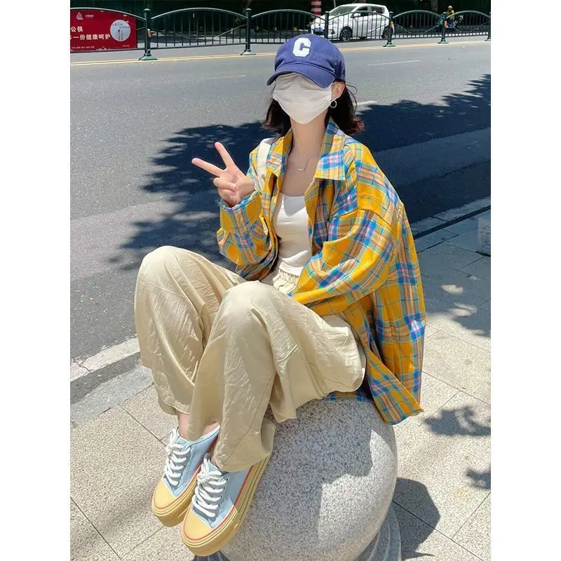 

Retro Plaid Long-sleeved Shirts Women Korean Popular Clothes Woman's Blouse & Shirt Yellow Casual Outerwear Niche Design Tops