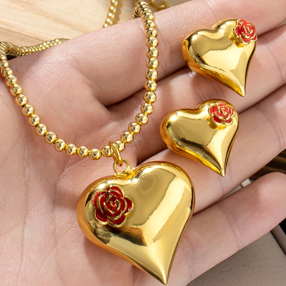 2-teiliges vergoldetes Halsketten- und Ohrring-Set mit roter Emaille-Rose, dreidimensionales Herz-Schmuckzubehör für Frauen, für den täglichen Gebrauch, Geschenke – Detail 1