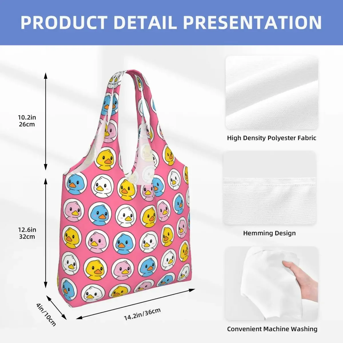 Custom Cartoon Duck Heads Pattern Canvas Shopping Bags Women Reusable Big Capacity Groceries Tote Shopper Bags