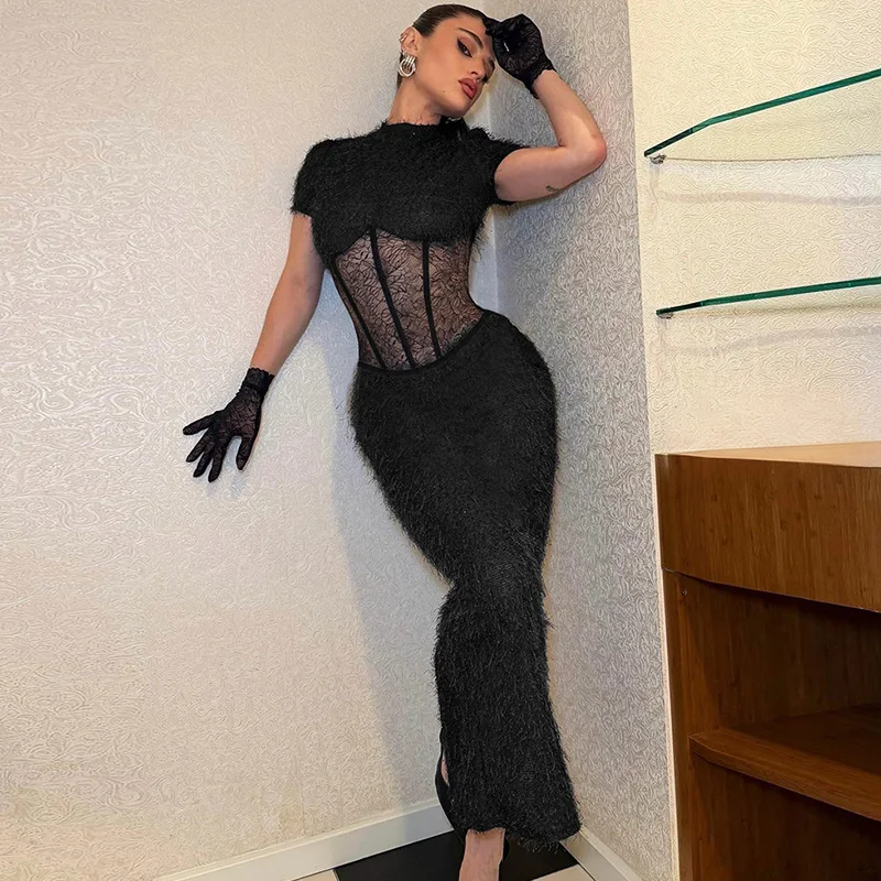 

Ticketsx See Through Split Long Dress Black Women Plush Patchwork Hollow Out Backless Slim Dress Sexy Luxury Party Evening Dress