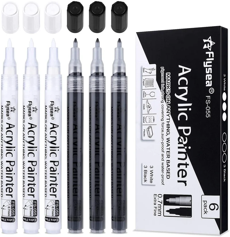 6pcs/Pack Black White Acrylic Paint Markers Pens for Rock Painting Wood, Metal, Stone, Ceramic, Glass, Graffiti, Paper