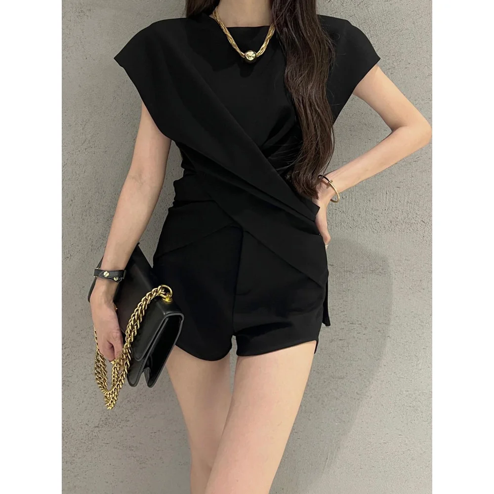 Imperial Sister Style Overlapping Short Sleeve T-shirt Women Summer New Temperament Light Ripe Wind Slim Office Lady Casual Tops