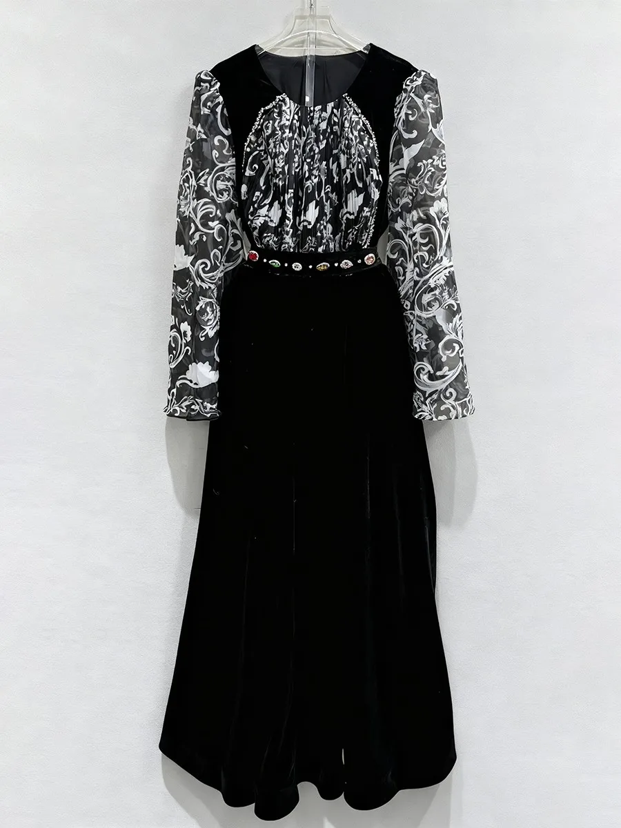 ชุดเดรส TWOTWINSTYLE ลายพิมพ์ ทรงเข้ารูป แต่งลูกปัด ดีไซน์หรูหรา สำหรับผู้หญิง คอทรงโอ แขนยาว ผ้าซีทรู แต่งระบาย