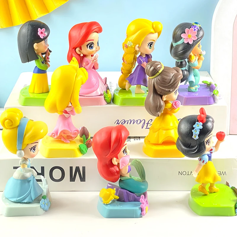 9pcs Disney Princess Anime Figures Set Mermaid Snow White Cinderella Q Version Model Dolls Collection Toys Girls Gift Decoration