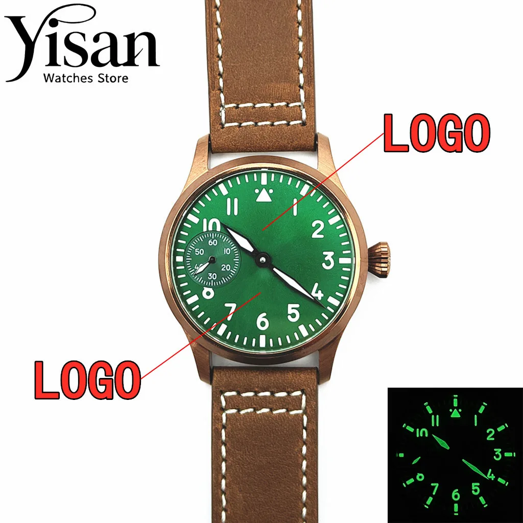 

DIY watch 42mm rose gold case sapphire glass greendial leather bracelet green luminous adaptation manual winding movement ST3600