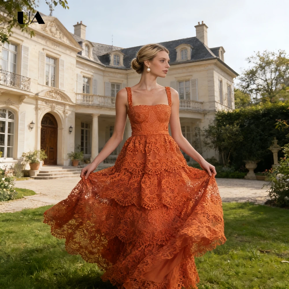 

ULBYANRY Woman's Customized A-Line Cascading Ruffled Prom Dress Elegant Square Collar Evening Dress Trendy Hollow Out Party Gown