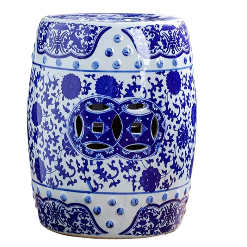 Taburete de porcelana azul y blanca, taburete cómodo para patio, taburete tipo tambor, taburete de plataforma para sala de estar
