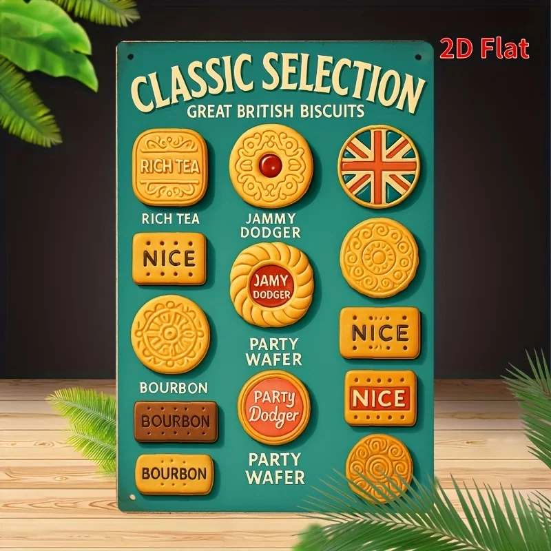 1pc 20.32x30.48 cm Vintage British Biscuits Metal Wall Art Sign - Retro Tea Party Decor with Union Jack & Jammy Dodger Illustrat