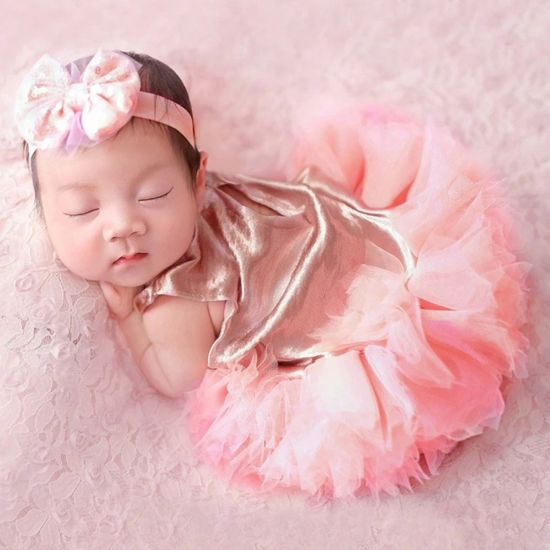 

Newborns Photography Dress with Matching Hairband Baby Girls Photoshoots Props QX2D