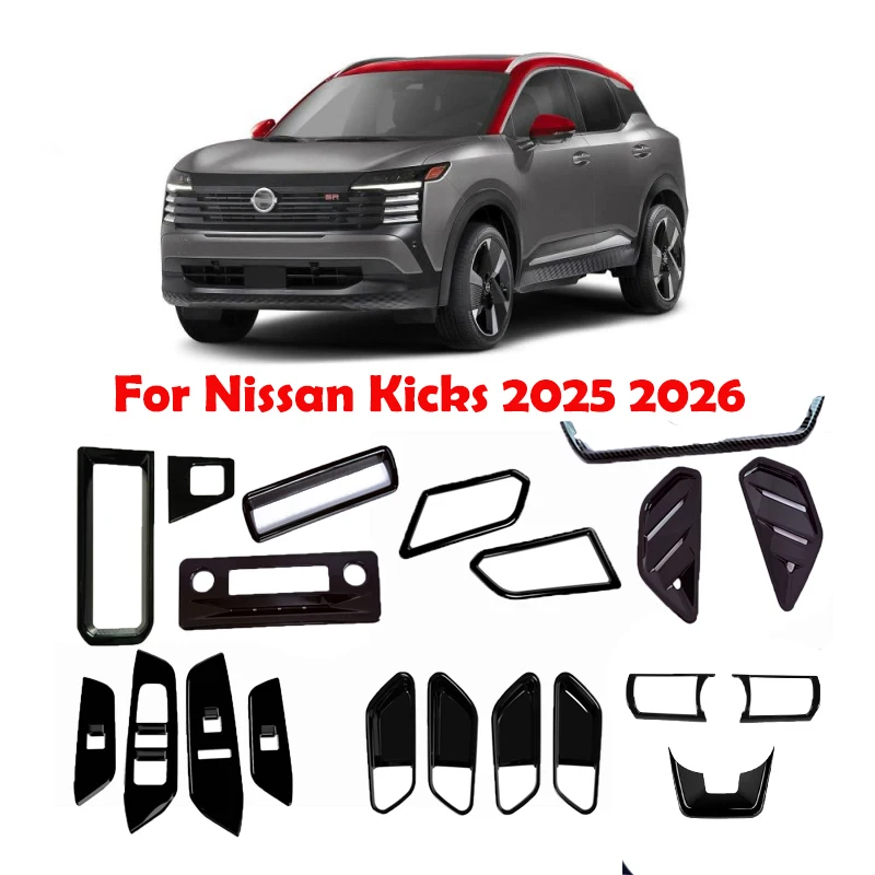 LHD For Nissan Kicks 2025 2026 ABS BLACK interior window rise switch Central control panle door handle bowl steering wheel cover