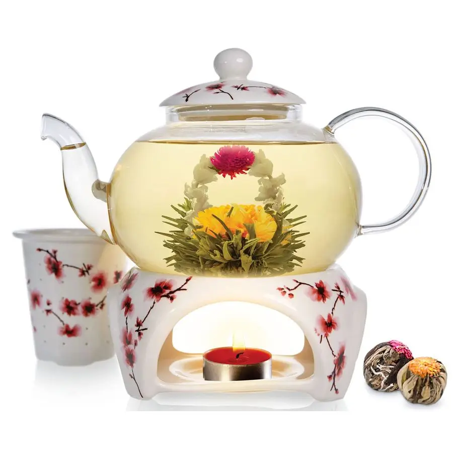 

Petite Cherry Blossom Teapot amp Flowering Tea Gift Set Glass Teapot 27 OZ 23 Cups, Porcelain Lid, Loose Tea Infuser, Tea Warmer