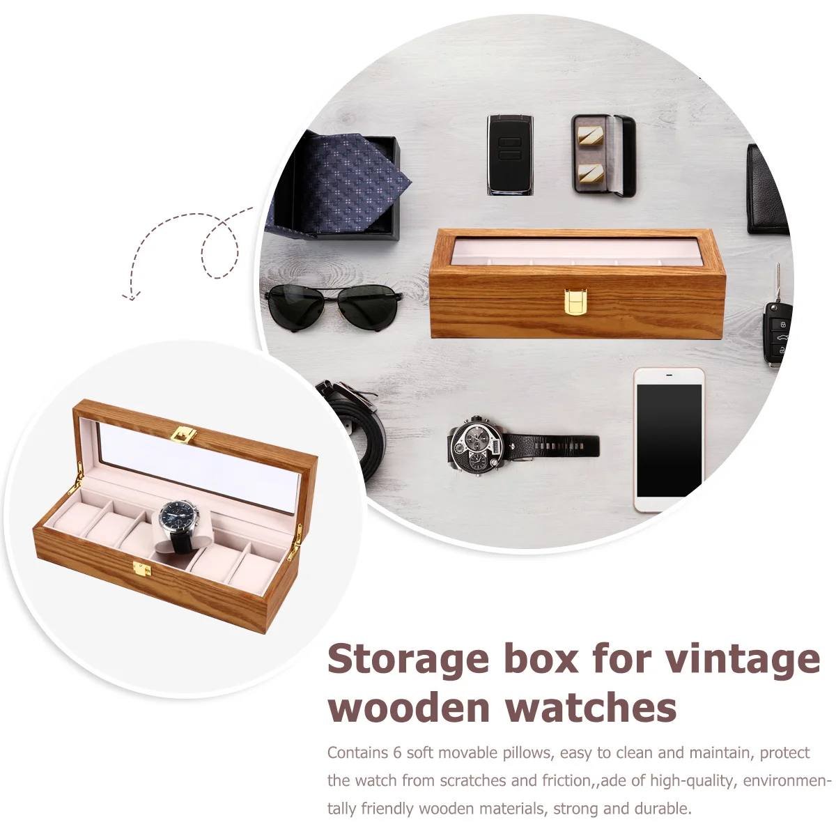 

1Pcs Vintage Wooden Watch Storage Box 6 Slots Removable Pillows Organizer Case Display for Watches Rings and Accessories