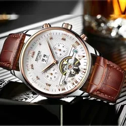 KINYUED012 Men watch Skeleton Mechanical Leather Strap Wristwatch Casual Business Automatic Calendar Watch for Man reloj hombren