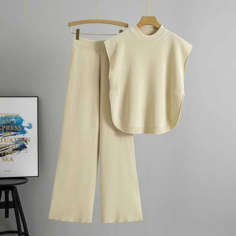 

Women's Casual Knitwear Suit Spring Summer New Solid Color Simple Sleeveless Vest Knitwear + Wide Leg Pants Two Piece Set Female