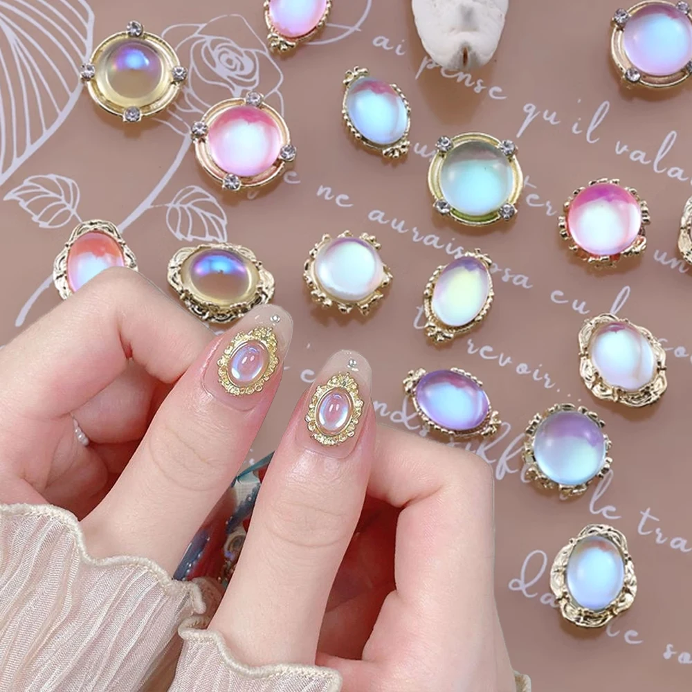 10pcs Pink/ Aurora Oval Cat Eye Crystal Nail Jewelry Gold Bottom Alloy Macaron Fluorescent Round Bubble Beads DIY Manicure Decor