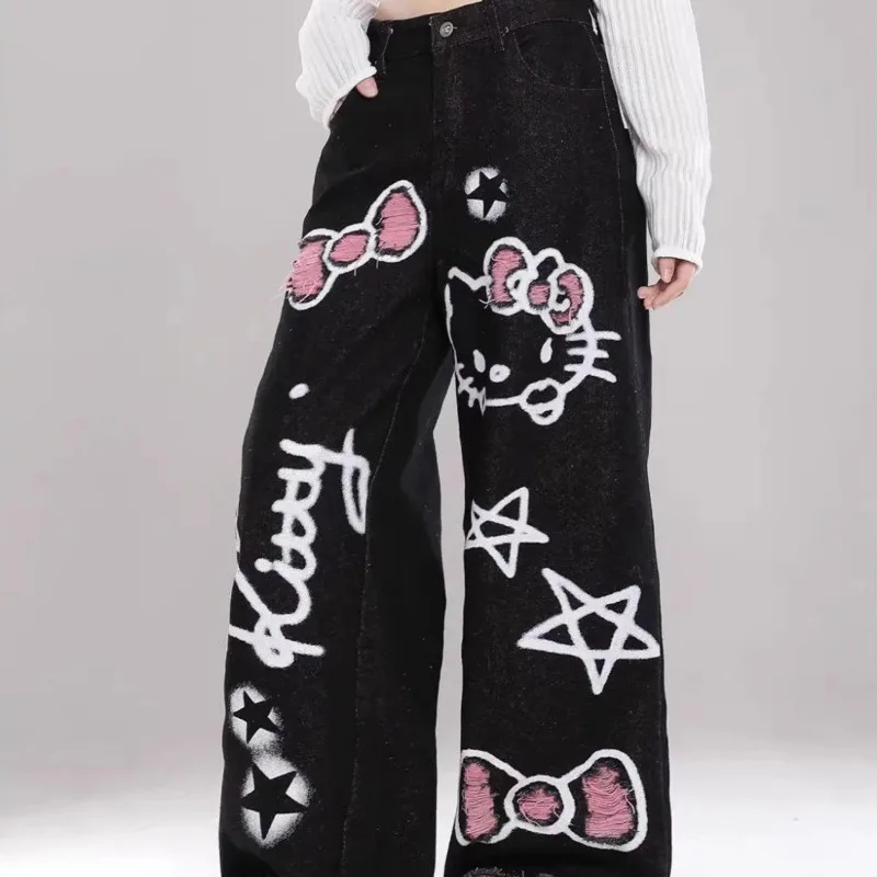 Sanrio Hello Kitty Graffiti Print Hairy Jeans Women's Autumn Winter New Loose Wide Leg Pants Korean Version Fashion Denim Pants