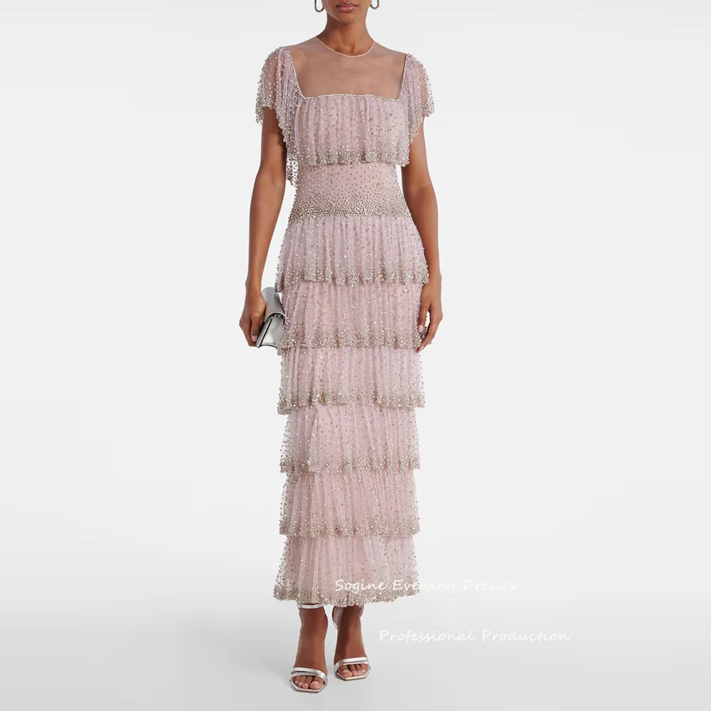 

Customized Tulle Layered Evening Dresses Crystal Embroidery Short Sleeve Spring Formal Dress Straight O-neck Beaded Party Gown