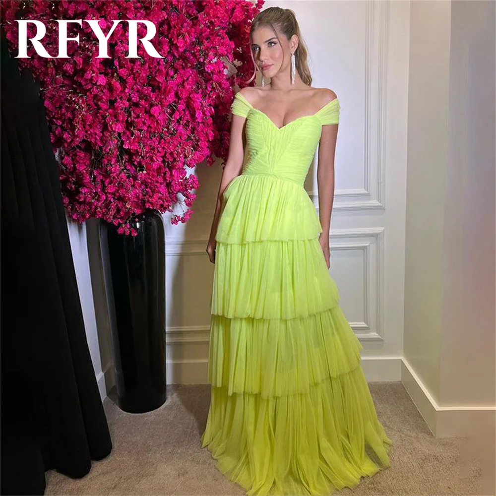 

RFYR Beach Cap Sleeves Evening Gown Elegant Yellow Net Prom Dress Layer Tiered Wedding Evening Dress Custom robes de soirée