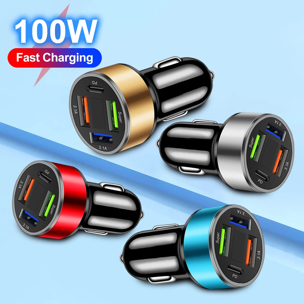 100W 4 Ports Car Charger Fast Charging USB C Car Phone Charger For iPhone 15 Samsung Xiaomi Huawei PD Type C Mini Adapter In Car