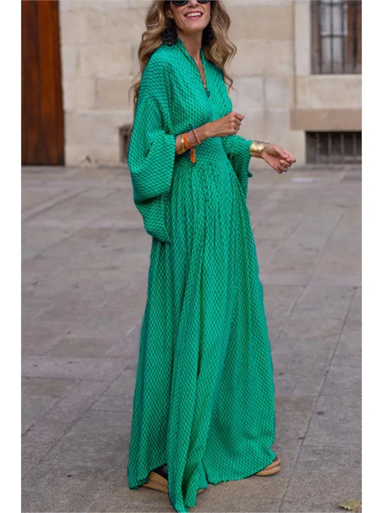 

Autumn Elegant Bohemia Big Hem Maxi Dress Sexy V Neck Flare Sleeve Loose Dress Fashion Lattice Print Women Pleat Party Dress