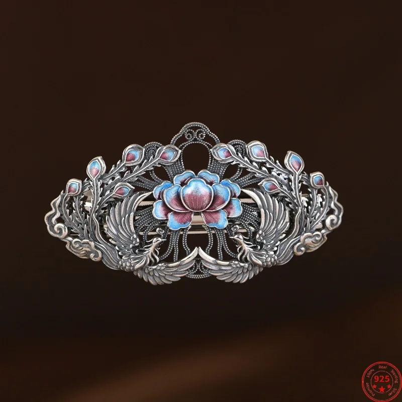 

S925 Sterling Silver Hairpins for Women Fashion Ethnic Style Cloisonne Phoenix Peony Hair-Wear Hair-accessories Wholesale