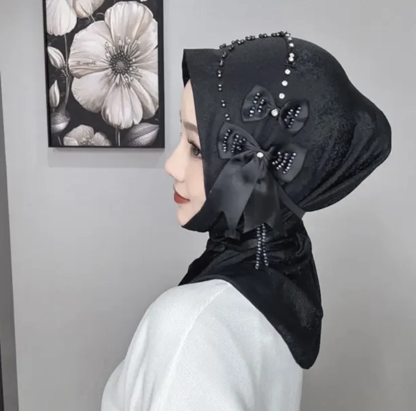 Young Girl Fashion Bow Dubai Hijab Musulman Cap Underscarf