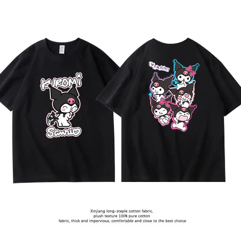 

New Children's T-shirt Anime Peripheral Sanrio Kuromi Co Branded Double Sided Printed Parent Child Clothing Summer T-shirt