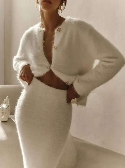 

Two Piece Set Women Outfit 2025 Spring Autumn New Fluzzy Round Neck Long Sleeved Single Breasted Cardigan & Slim Long Skirt Set