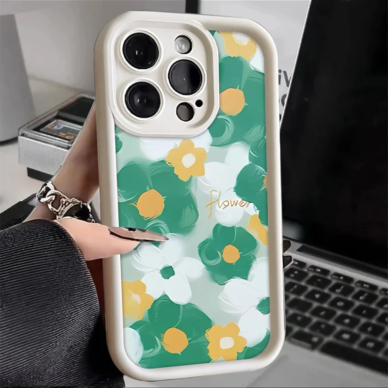 

Yellow, green and white flower design case for iPhone 16 15 14 13 12 11 Pro/ Max/Plus shock-proof rear cover anti-fingerprint