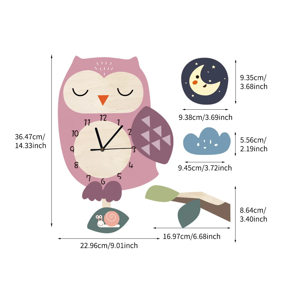 Cartoon Owl Wall Clock for Kids Room Pink Mute Movement Wooden 3D Reloj de Pared Horloges Home Decor Living Room Pendulum Gift