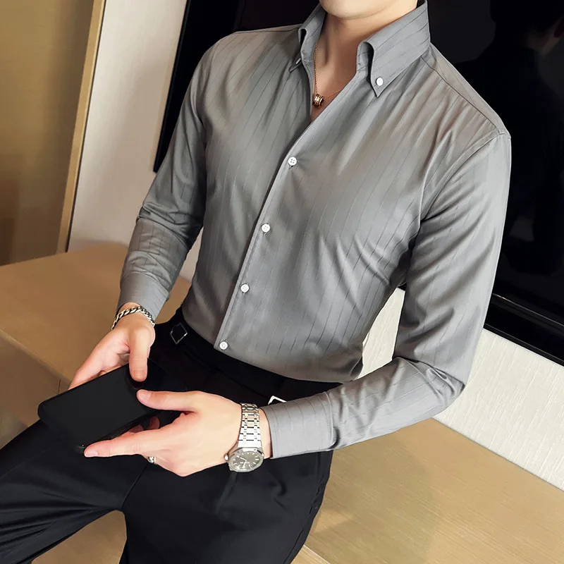 2023 Summer Men Fashion Business Shirt British Gentleman Korean Slim Fit Solid Color Male Half Sleeve Shirt Solid Casual Blouses