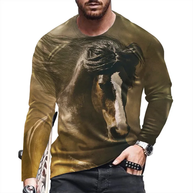 Gallant Horse 3D Animal Print Autumn Men\'s Round Neck T-shirt Casual Long Sleeve T-Shirt Oversized Pullover Trend Men Clothing