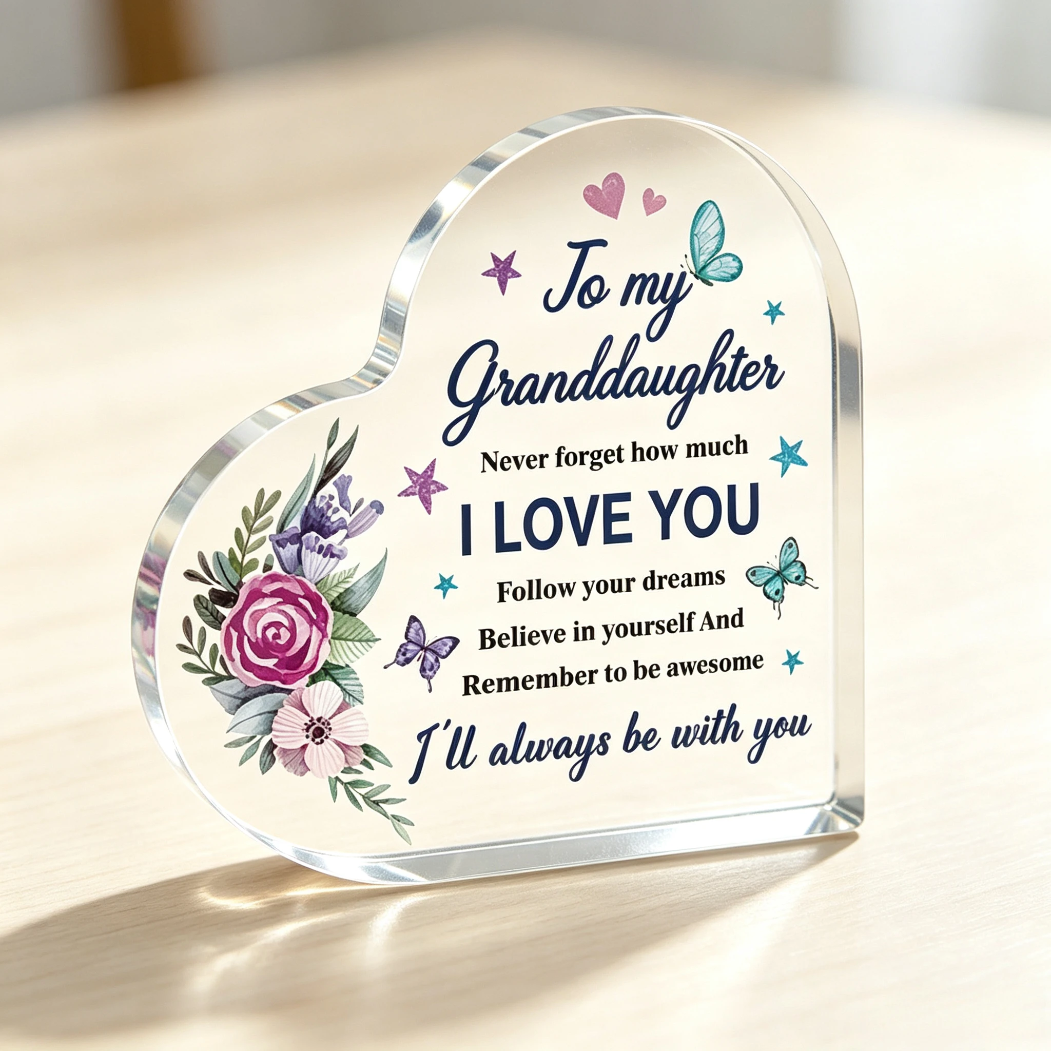 To My Granddaughter Heart‑Shaped Acrylic Plaque, Purple Rose Floral Butterfly Inspirational Keepsake Gift